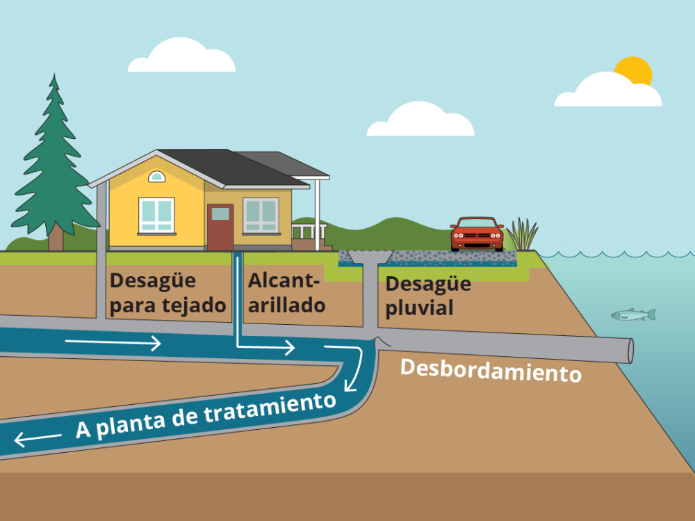 Infografía que muestra las aguas residuales que fluyen directamente a una planta de tratamiento