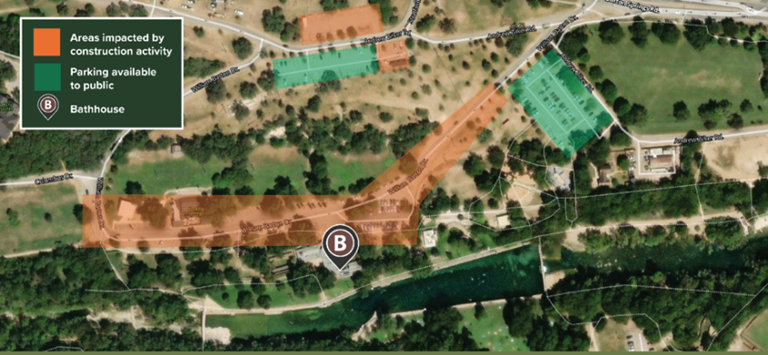 Illustration map of construction project area with red highlight denoting construction impact zones and green highlights denoting public parking areas.