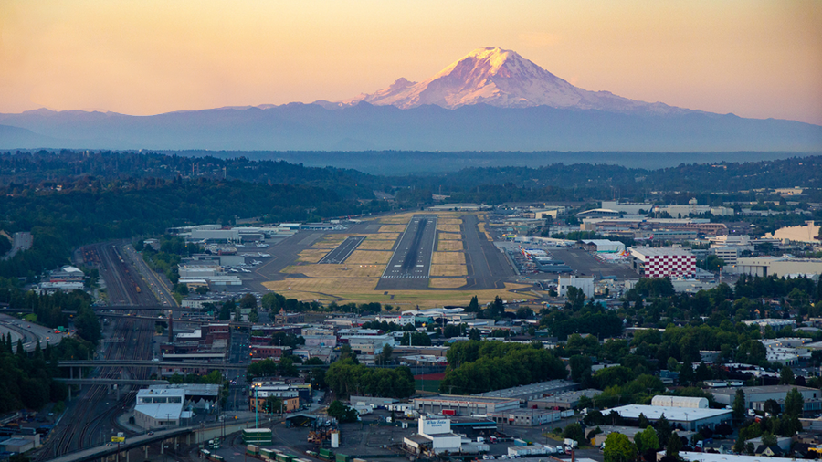 Image of King County International Airport with Mt. Rainier in the distance