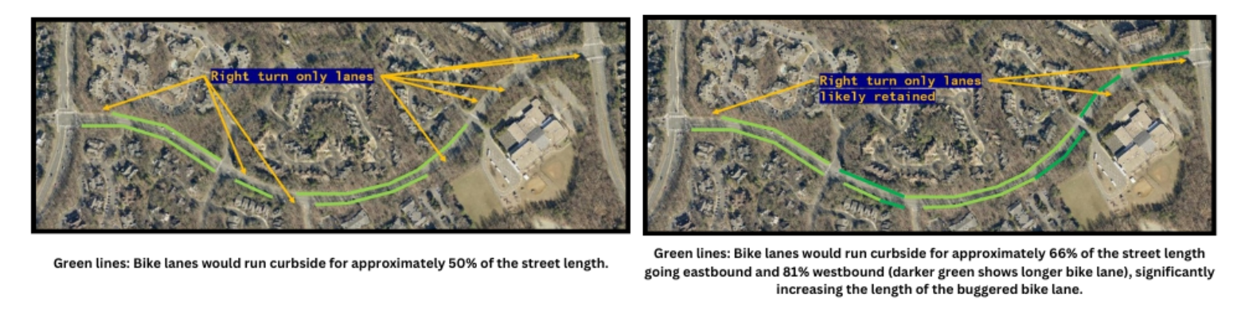 proposal to remove five right turn lanes to improve bicycle safety.
