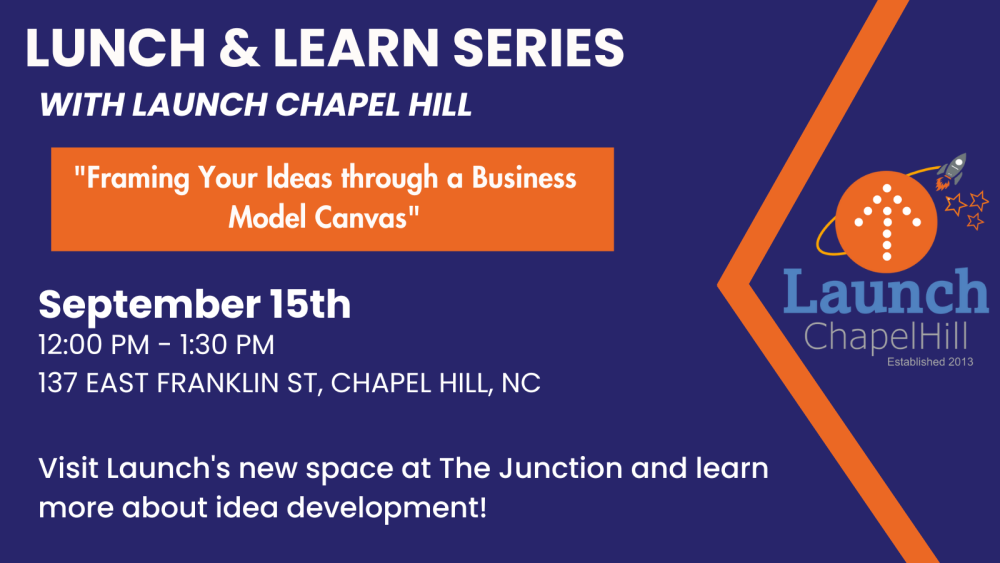 Lunch & Learn Series presented by Launch Chapel Hill. "Framing Your Ideas through a Business Model Canvas" will be hosted on Friday September 15th at 137 East Franklin from 12:00- 1:30 PM. Visit Launch's new space at The Junction and learn more about idea development! 