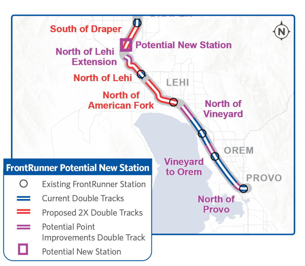 Map of the the FrontRunner Line showing the location of a potential new station and double track areas as part of the Point Improvements project, as well as proposed double track areas as part of the FrontRunner 2X project.