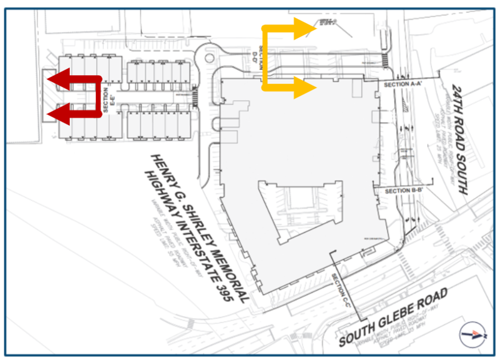 A bird’s-eye-view of the project site showing where the 2 cross-sections of the new street are taken