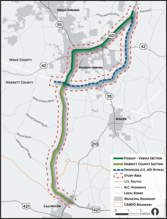 map of US401 Corridor Study area - from Banks Road in Wake County to just before the Town of Lillington in Harnett County