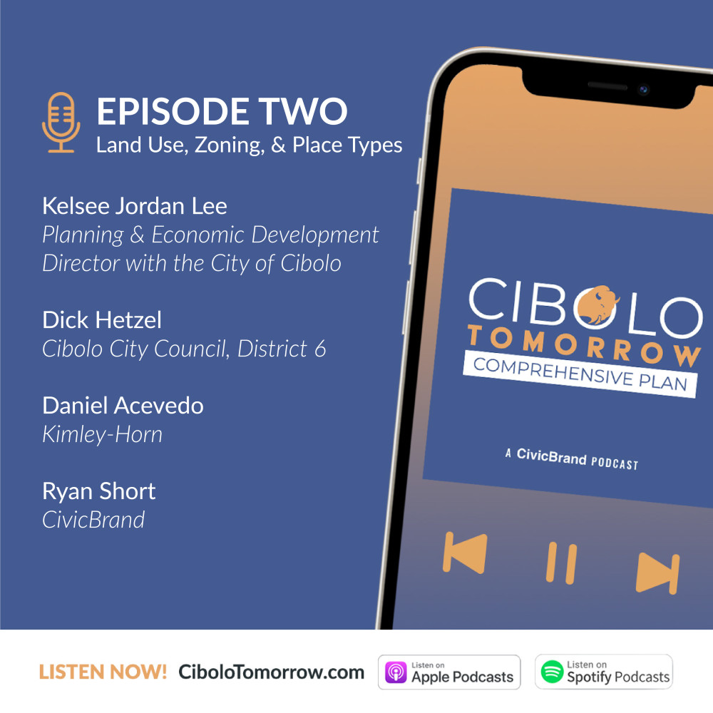 An advertisement for episode Two of the Cibolo Tomorrow Podcast. It features the names of the podcast speakers and their positions in the city.