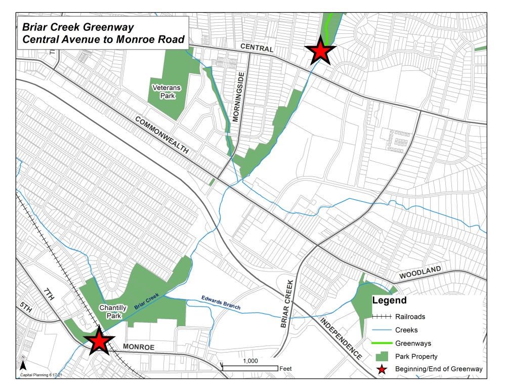 Map of the area where the Briar Creek Greenway project will occur in East Charlotte. Stars indicate the beginning and end point for the project.