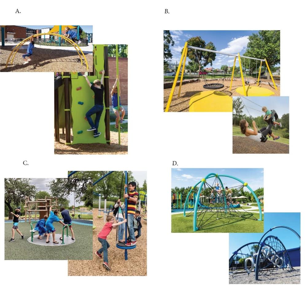 Composite picture to illustrate play features. Upper left corner is labeled A with climbing features. Upper right shows different swing options. Bottom left shows spinning features. Bottom right shows net play features. 
