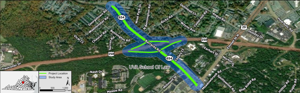 Study area map for Project Pipeline Study CU-23-08 depicting the Route 654 (Barracks Road) corridor between Georgetown Road and U.S. 29 Business (Emmet Street) in Albemarle County and the City of Charlottesville