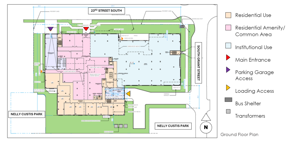 The ground floor plan for the proposed building shows areas for residential use, residential amenities, and institutional use, as well as a bus shelter just outside the building on 23rd Street South and access to a below-grade parking garage.