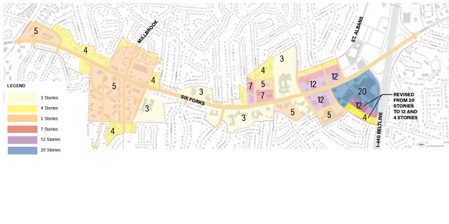In a previous phase of the project we received feedback on recommendations for land use along Six Forks Road. In response changes were made to reduce recommended height and create a more graceful transition to lower-scale residential areas nearby. See the image below for details. How well do these changes meet the plan s overall goals of allowing more housing and employment options while also respecting lower-scale residential areas?