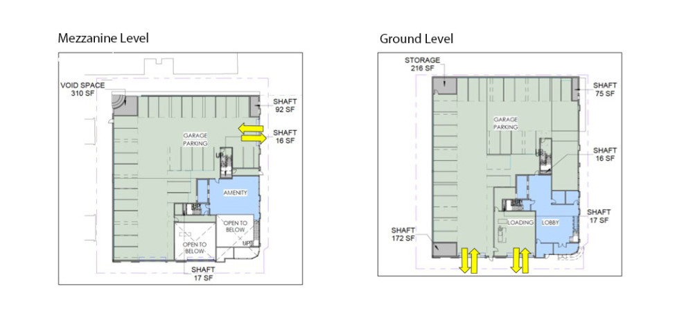 Side-by-side floorplans of the mezzanine level & ground level of the proposed building. The ground level floorplan shows a lobby, a loading area, & garage parking. The mezzanine level floorplan shows garage parking and an unspecified building amenity.