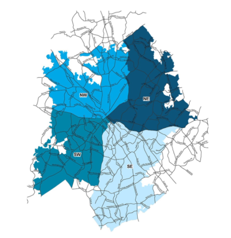 map of the service area teams in different shades of blue (NW, NE, SE, SW)