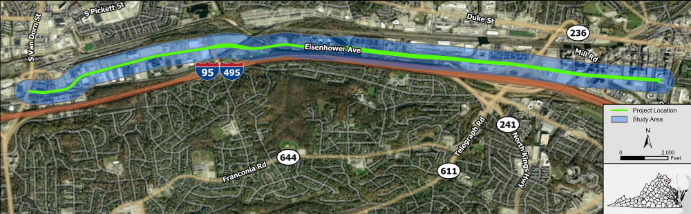 Study area map for Project Pipeline Study NV-23-07 depicting Eisenhower Avenue between Van Dorn Street and Holland Lane in the City of Alexandria