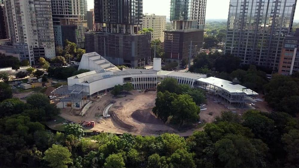 Flyover image of the Emma S. Barrientos Mexican American Cultural Center construction project area.