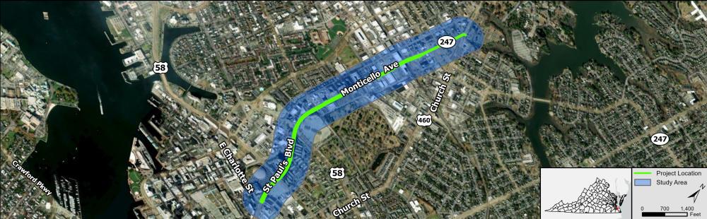 Study area map for Project Pipeline Study HR-23-06 depicting the Monticello Avenue / St. Paul's Boulevard corridor within the city of Norfolk.
