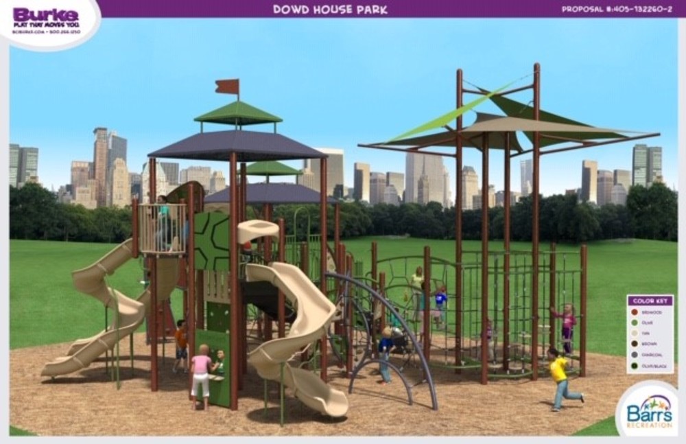 Image of playground equipment including slides, climbing equipment and shade.