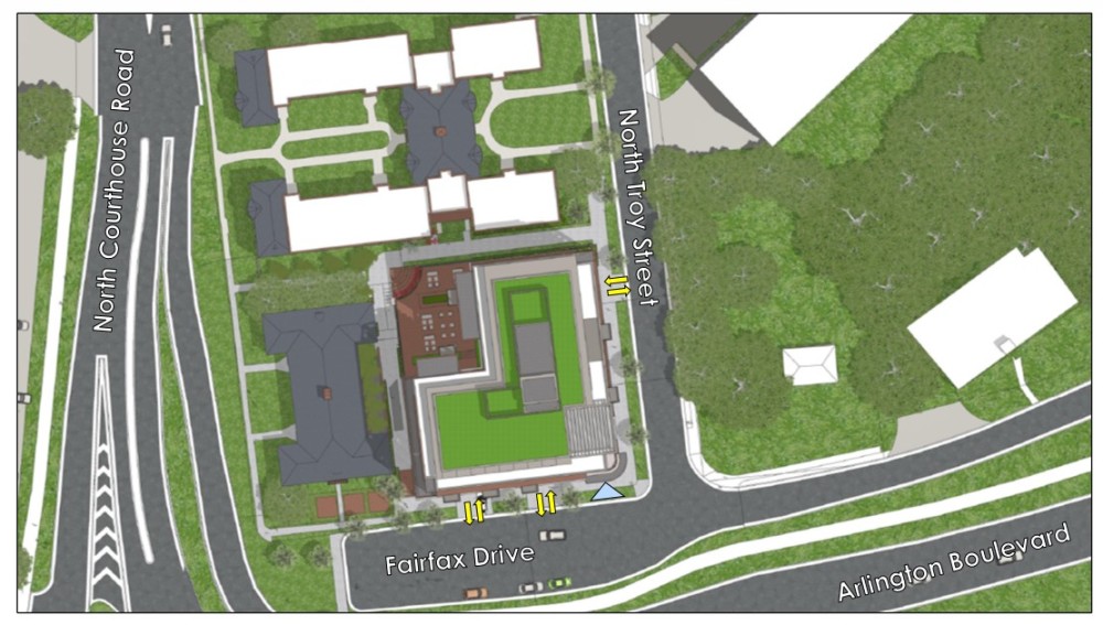 Un dibujo de una vista aérea del sitio del proyecto (2025 Fairfax Drive), que muestra Fairfax Drive, North Courthouse Road, North Troy Street y Arlington Boulevard