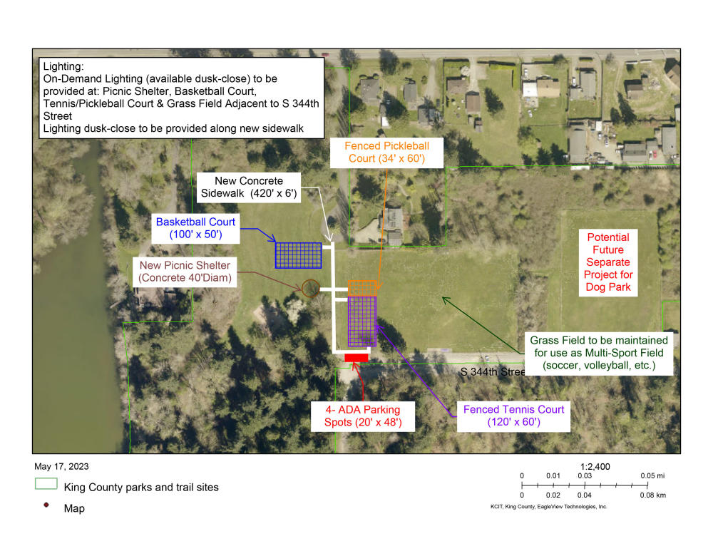 satellite view of Lake Geneva park with boxes marking new basketball, pickleball and tennis courts. As well as a new concrete sidewalk, picnic shelter, and ADA parking spots