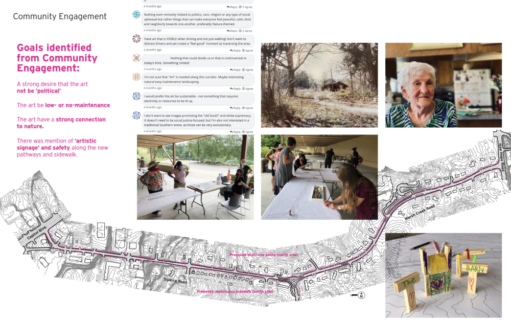 Images of an engagement event and roadway plan.