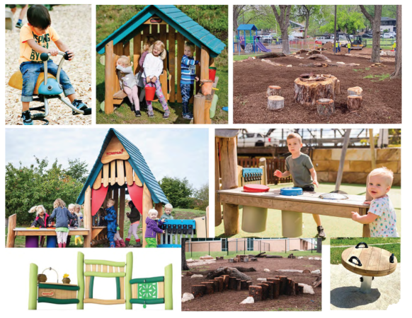 Play options for Area C include: Springer/Bouncer small play hut stump table or small nature play area musical play imaginary and sensory play panels and spinner.