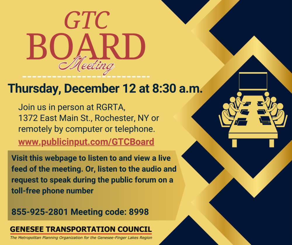 GTC Board Meeting publicity graphic. Text version below.