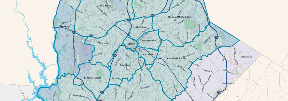 A map showing some of Charlotte's 14 designated areas for community area planning.