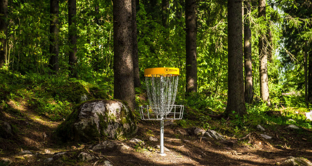 A yellow disc golf basket in a clearing among a forest.