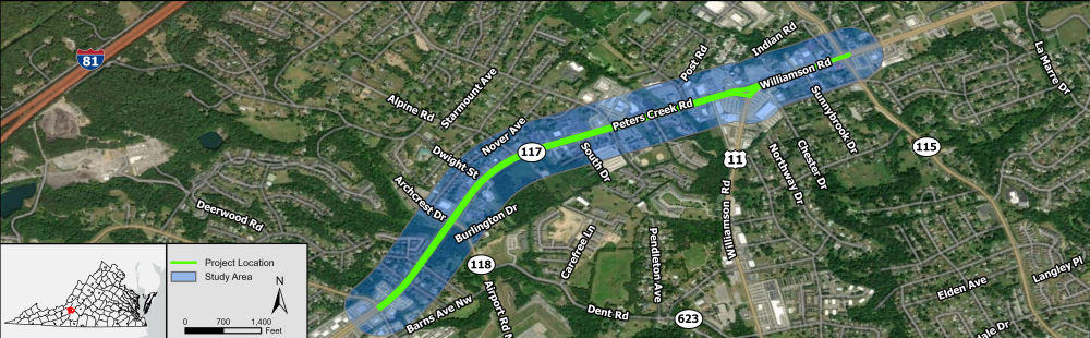 Study area map for Project Pipeline Study SA-23-06 depicting the Peters Creek Road (Route 117) and Williamson Road (Route 11) corridors within Roanoke County