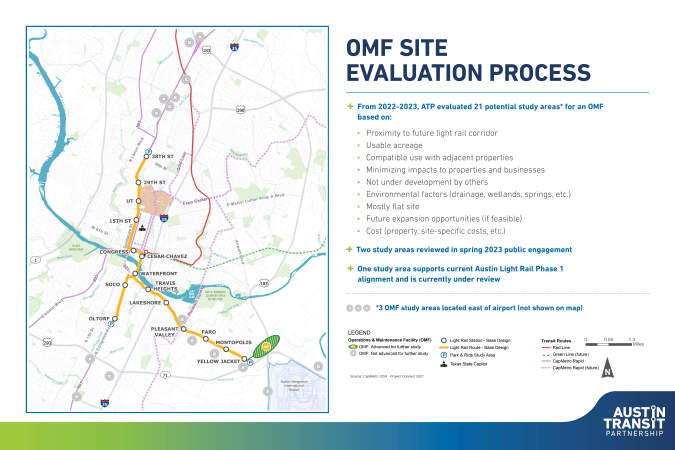 Q17: East Section - ATP is studying the area along Airport Commerce Dr. near US 183 and SH 71 as the location for the Operations and Maintenance Facility (OMF). An OMF is required to provide necessary functions for the operation and maintenance of the light rail system. Please share your thoughts on opportunities and/or concerns about the OMF. (Click on image to enlarge)
