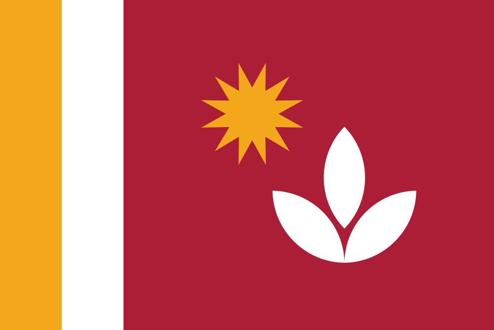Flag with gold and white stripes, a sun, and a plant