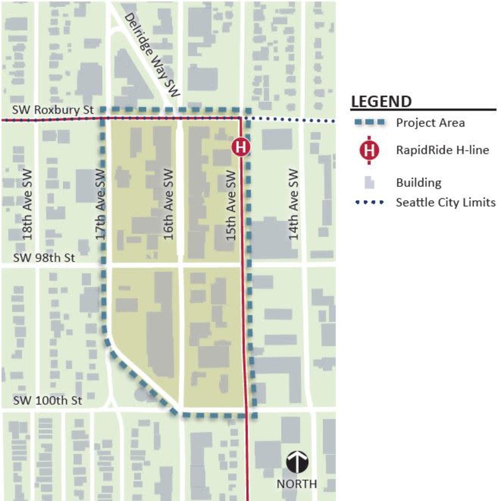 Map of project area - SW Roxbury Street to SW 100th Street, 15th Ave SW to 17th Ave SW