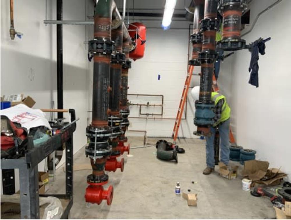 Central Utility Plant (CUP): Chilled water to pump connections in progress.