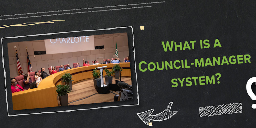 Graphic image with photo of Charlotte City Council members and text that reads "What is a coucnil-manager system?"