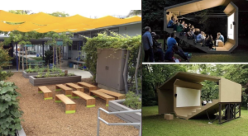 Ejemplos de aulas al aire libre. Una muestra bancos móviles de madera dentro de un jardín. Otra imagen muestra una estructura pequeña cubierta con asientos elevados y una pantalla.