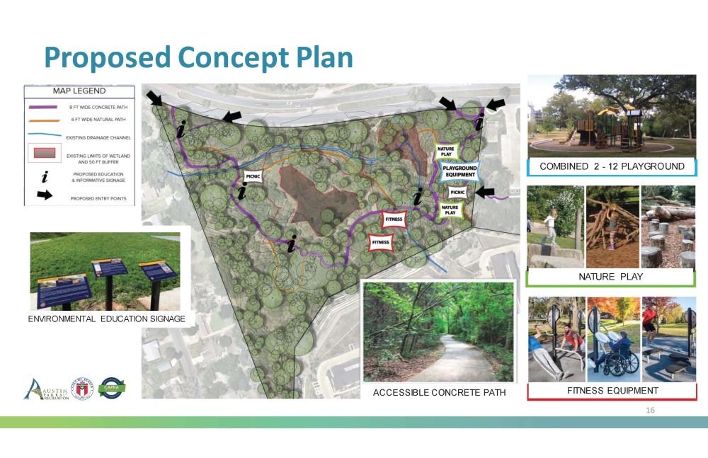 Proposed Concept Plan for Ridgeline Park showing trails playground area, picnic, fitness areas