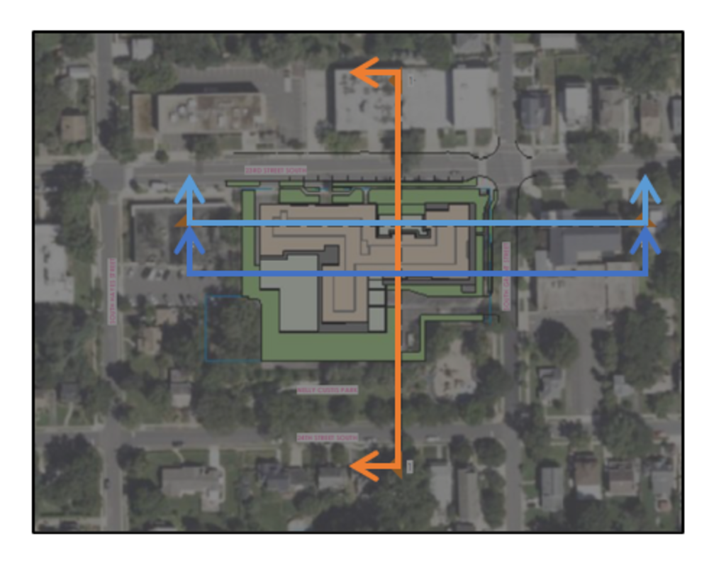 This image shows a bird’s eye view of the proposed building with colored arrows indicating where on the building to find the cross-sections that appear below.