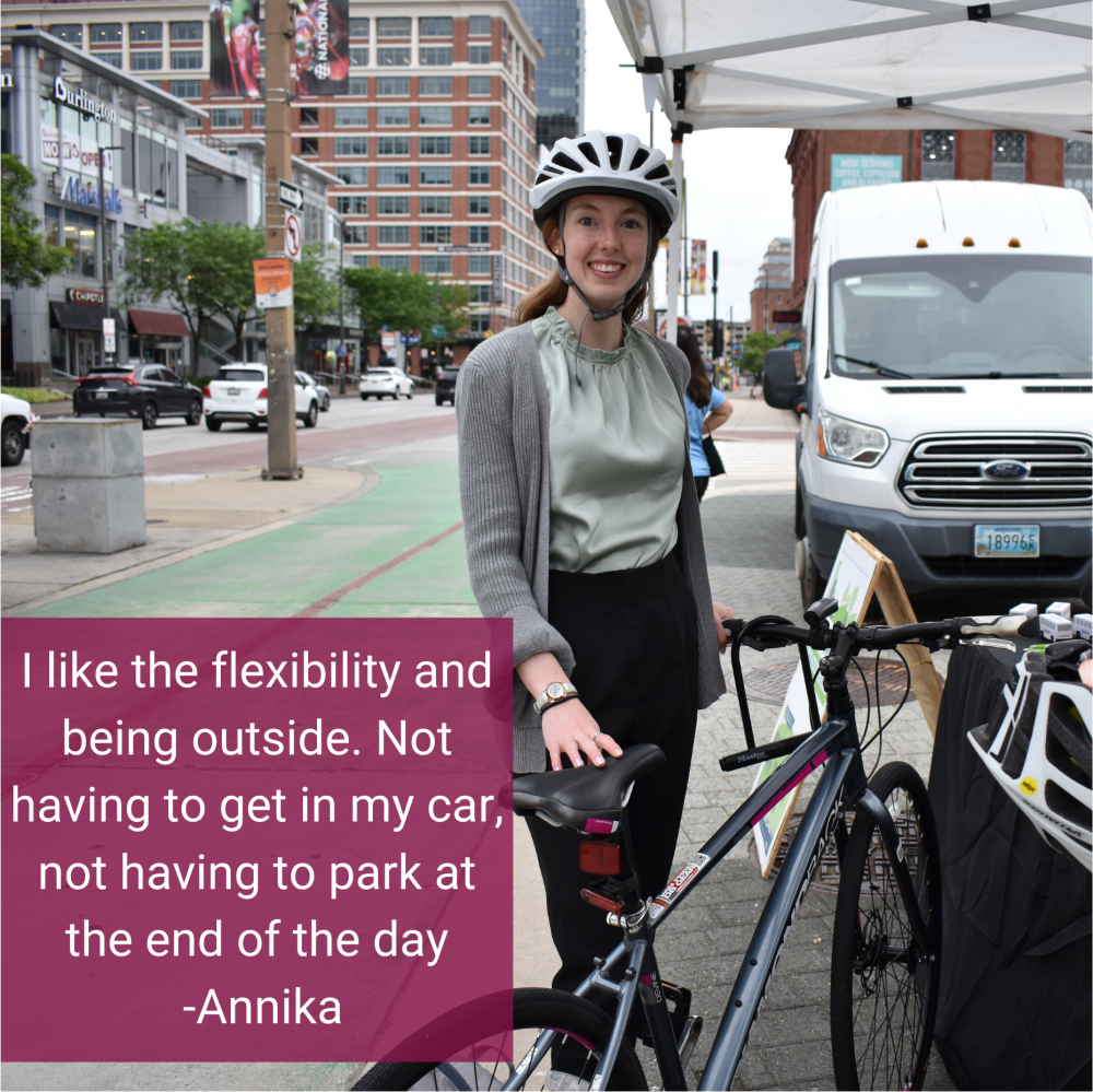 Woman with bicycle and quote, "I like the flexibility and being outside. Not having to get in my car, not having to park at the end of the day - Annika"