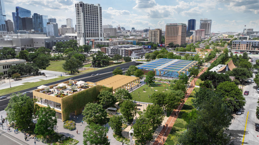 A rendering shows the potential Cesar Chavez Street to Fourth Street cap. 