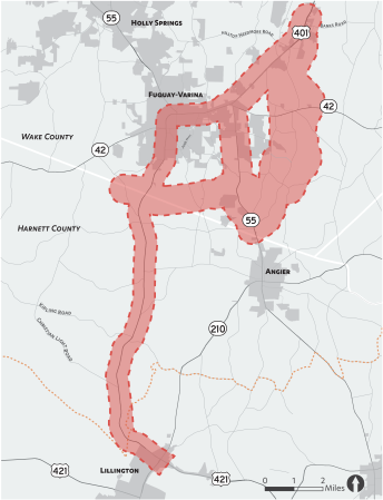 Map of the U.S. 401 Corridor Study Area that shows the study boundary within Wake County and Harnett County