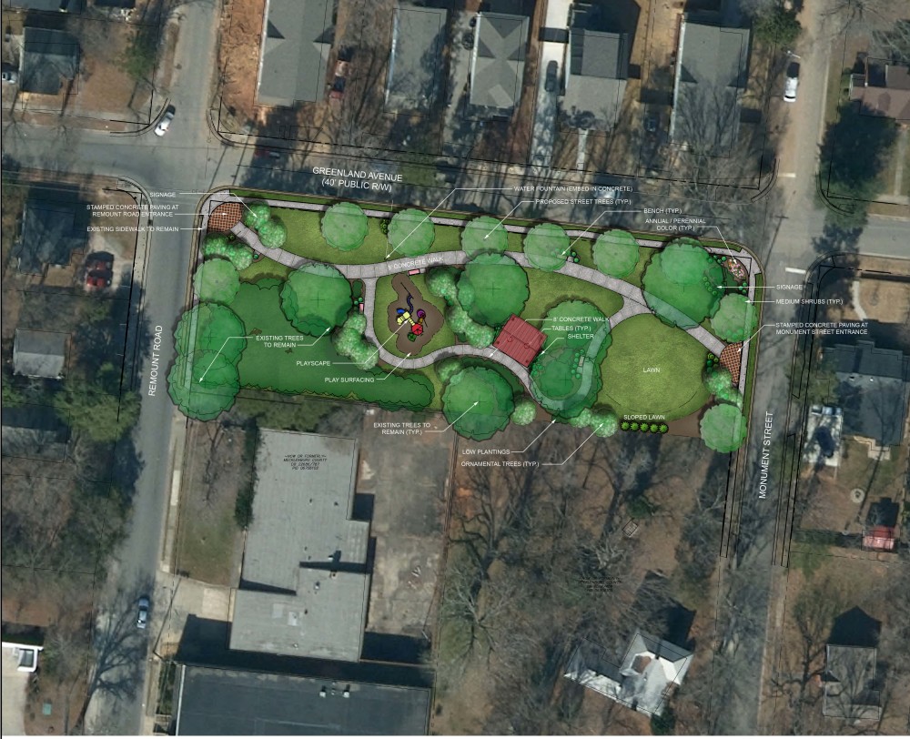 Color rendering of future Dowd Park. It includes a playground, a shelter, walking paths, benches and trees.