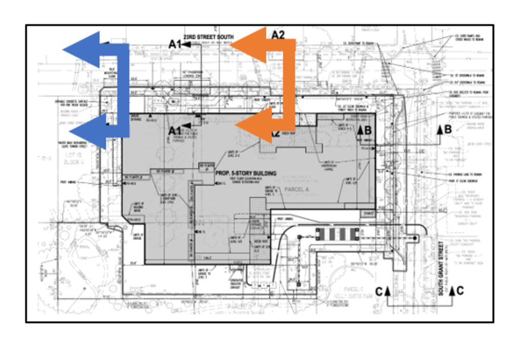 A diagram of the proposed building shows the locations of the two diagrams below of sections of 23rd St. S.