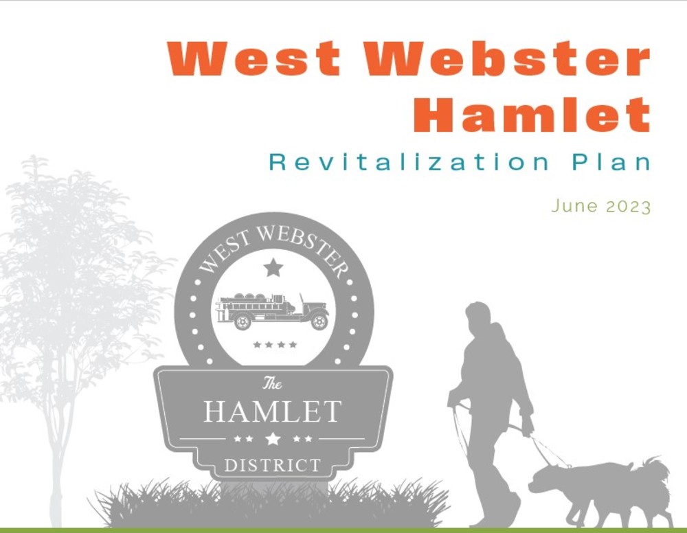 Report cover image labeling the West Webster Hamlet revitalization plan in June 2023.. Shows a gray image of a person walking a dog and a gateway sign to Webster.