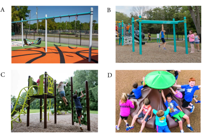 Four play amenities are shown: swings with a two-person swing zip line type feature climbing structure spinning feature