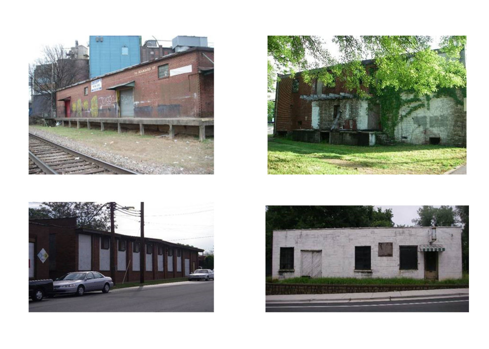 4 images of multiple buildings. Includes overgrown weeds on the side of one, another has graffiti, others are somewhat worn down. Two brick buildings, two white buildings.