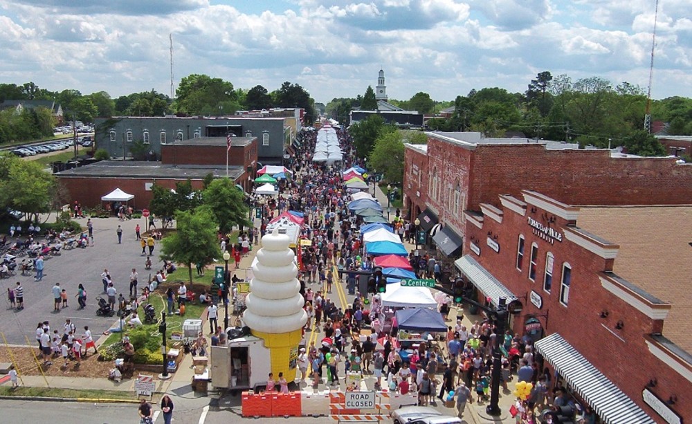 aerial image of downtown Apex during PeakFest