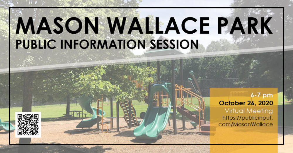 Image of playground with text about the Mason Wallace public information session