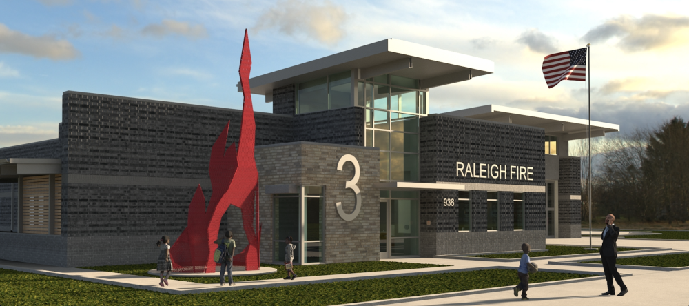 Digital Rendering of the new Fire Station #3 with a sculpture resembling a flame in the front left corner of the buliding.