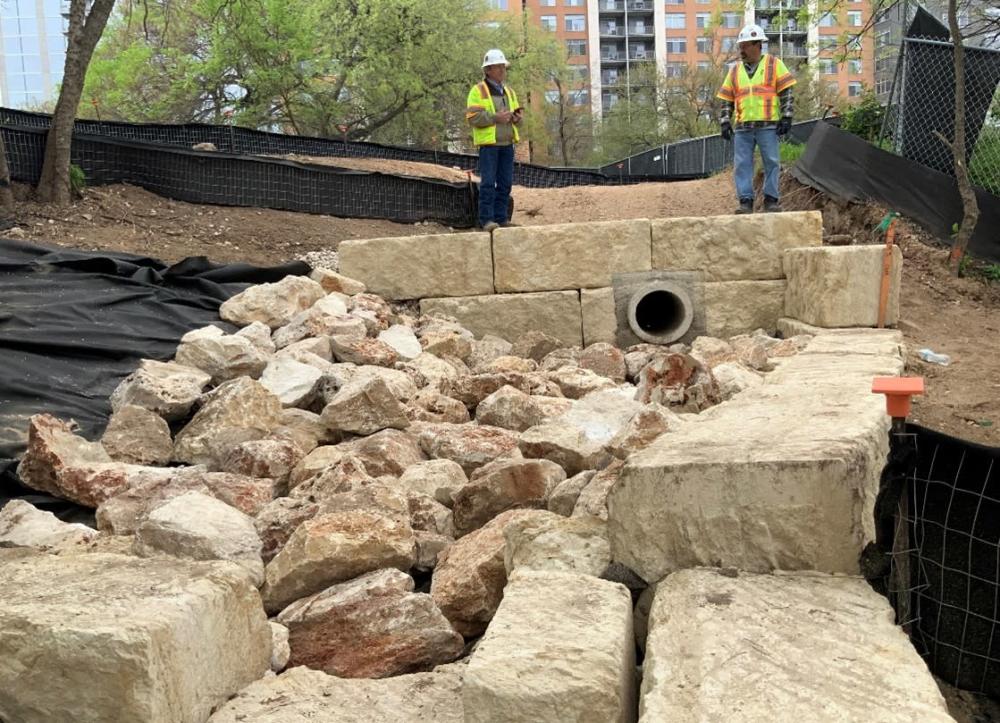 Lady Bird Lake Outfall: Outlet and riprap installed.