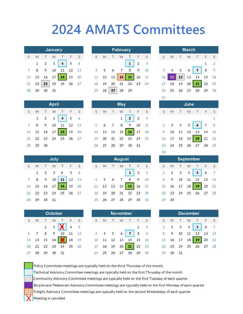 AMATS annual calendar: Policy Committee meetings are typically held on the third Thursday of the month, Technical Advisory Committee meetings are typically held on the first Thursday of the month.  The October meetings for the Policy and Technical Advisory committees have been canceled.  