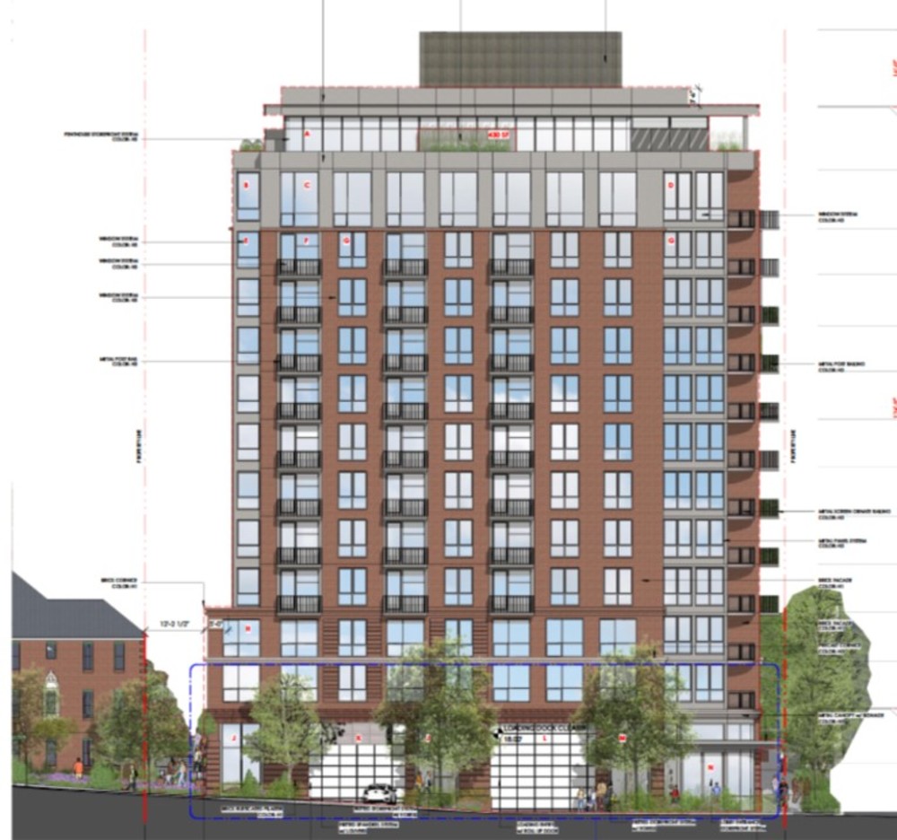 A drawing of a view looking north from Fairfax Drive of the proposed 12-story building